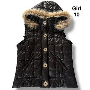 Justice Black Quilted Puffer Vest with Faux Fur Hood Trim size 10